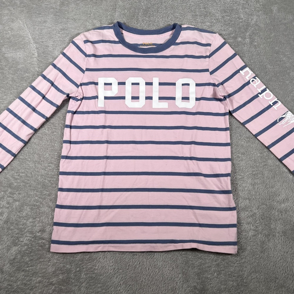 Polo Ralph Lauren Shirt Womens XS Pink Blue Stripe Long Sleeve POLO Spell Out